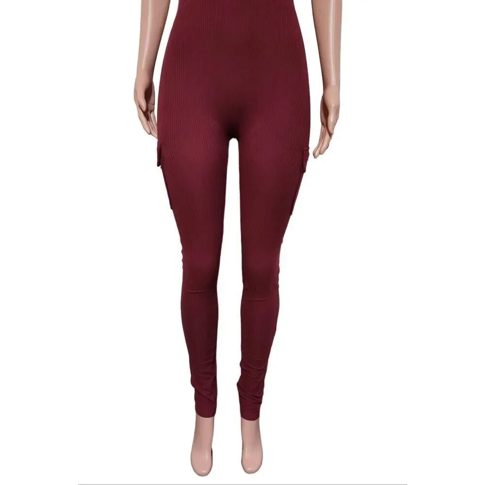 Asa women's crew neck sleeveless ribbed button-up burgundy jumpsuit knit bodyco